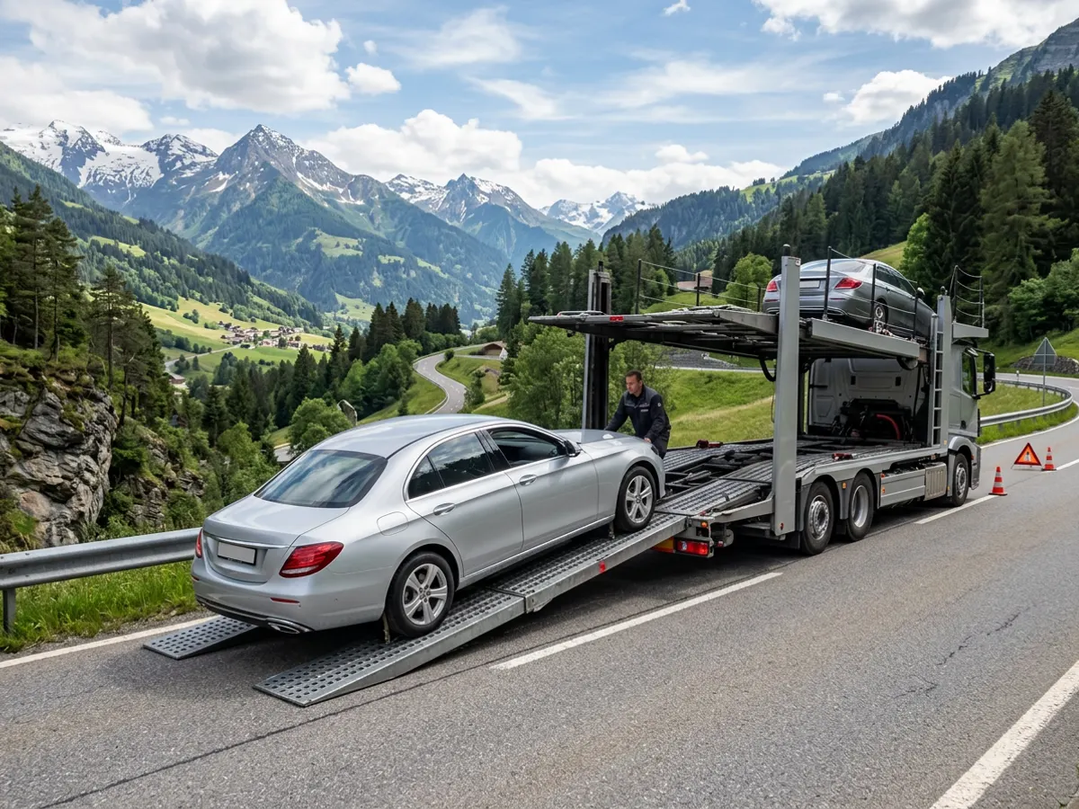 Silberne Limousine wird auf einen Autotransporter verladen