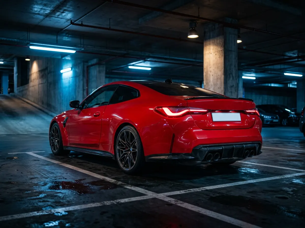 Rotes Sportcoupé in einer Tiefgarage
