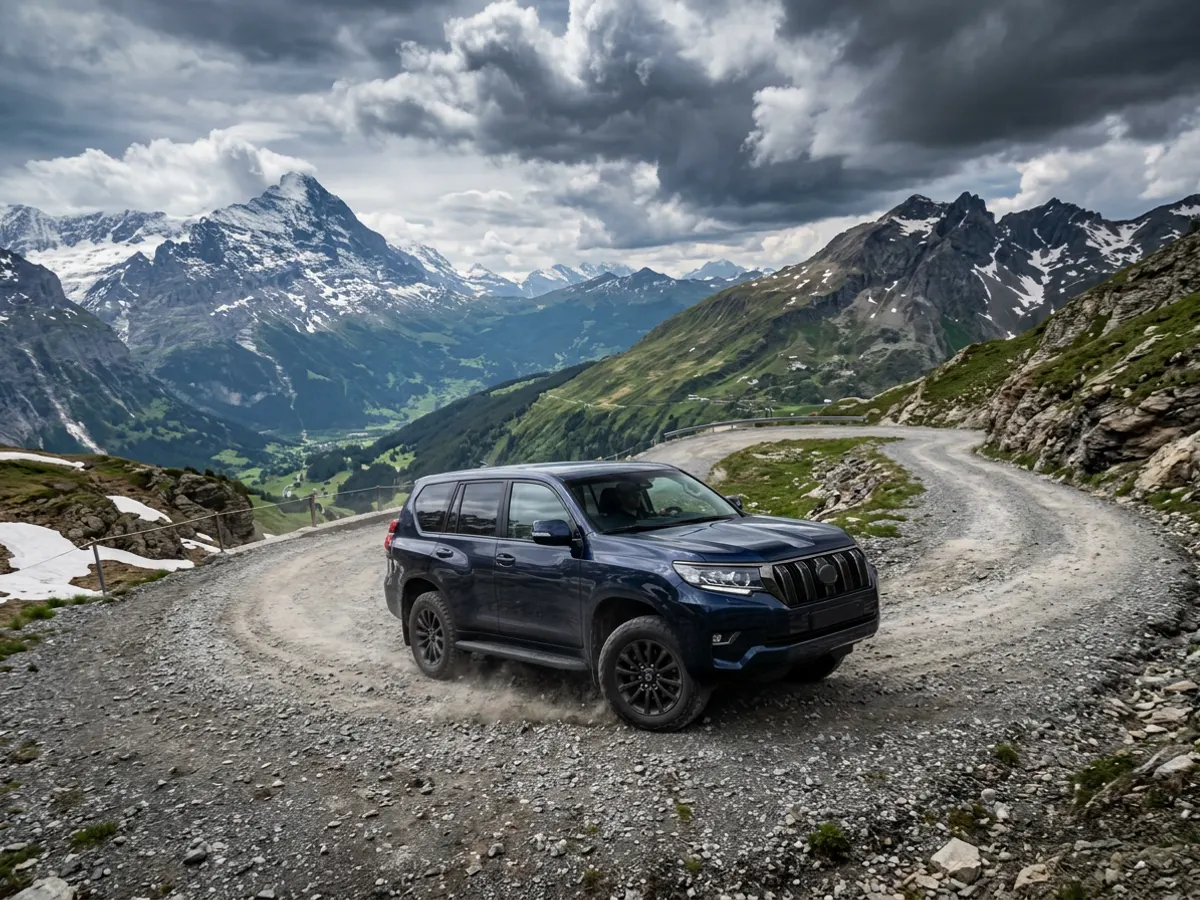 Dunkelblauer Geländewagen auf einer Alpenstrasse