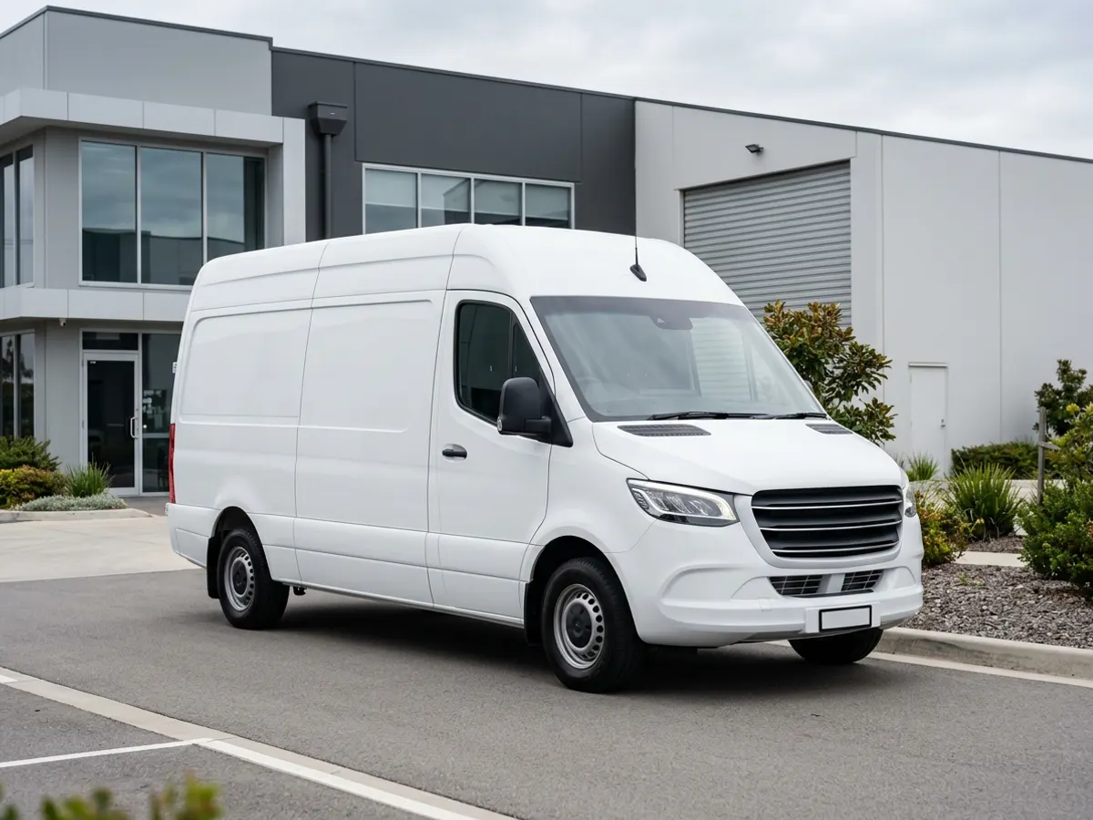 Weisser Lieferwagen vor einem Gewerbegebäude